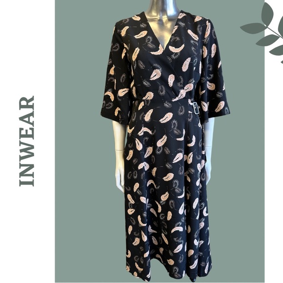 In Wear Acadia Day Dress Wrap w/ Buckle Black Abstract Print Back Zipper Size 6 - Picture 3 of 12